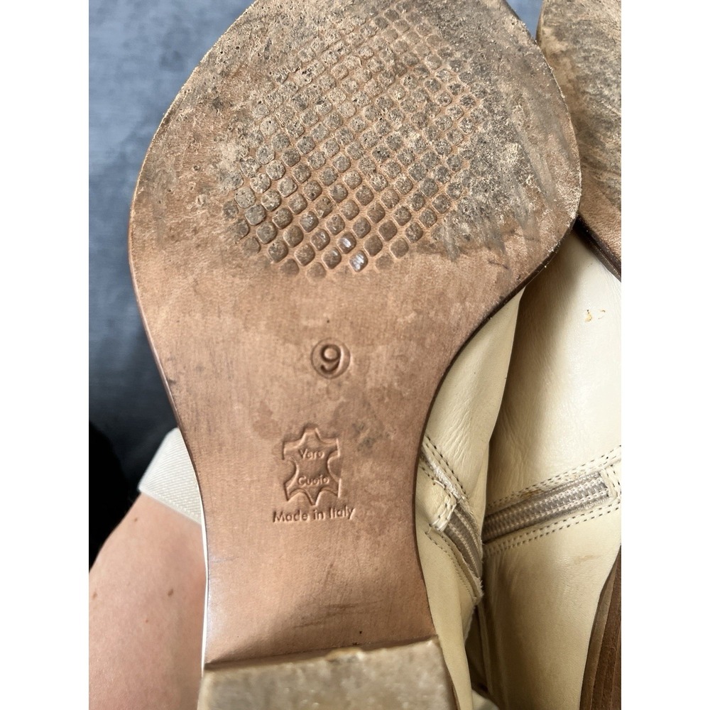 Vintage Pointed Toe Cream Italian Leather Western Boots Stacked Heel Zip Up 9 - Picture 10 of 16